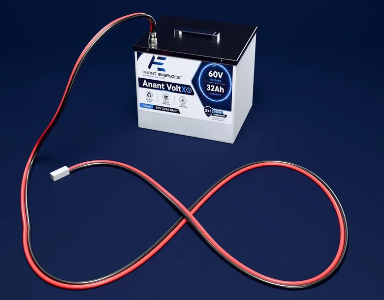 An Anant VoltX battery with its cable looped into an infinity sign